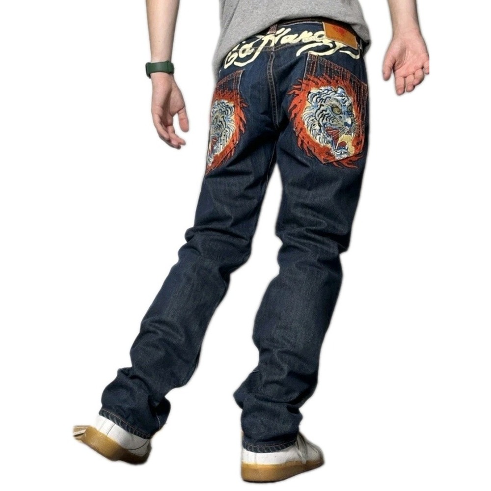 Ed Hardy 2007 Tigers Wide Leg Baggy Rhinestone Dark Blue Jeans Mens Sz 40 x 33"